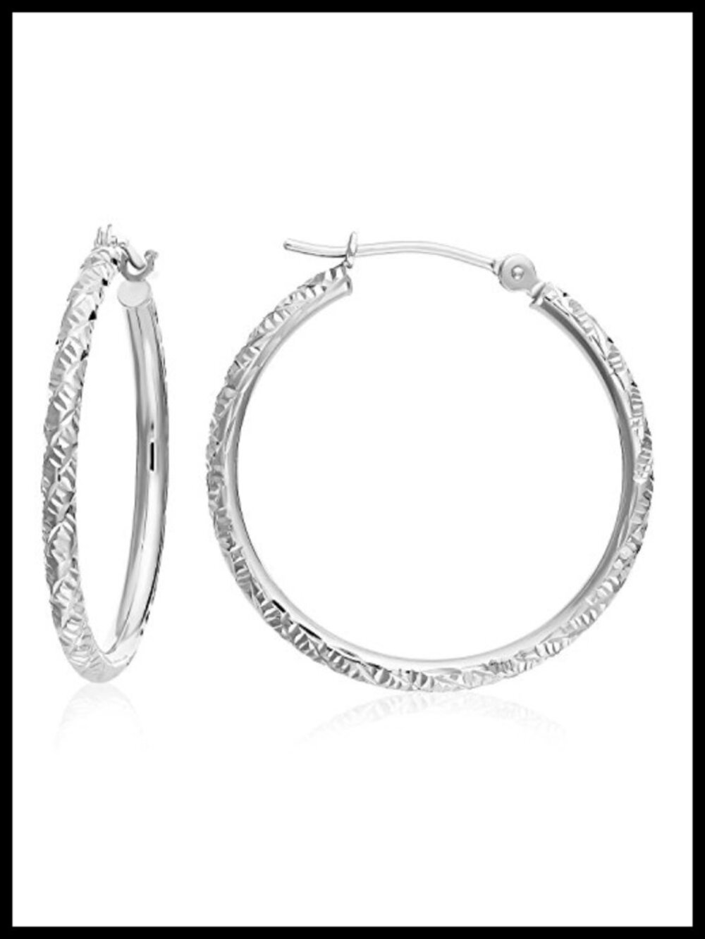 14k White Gold Hand Engraved Diamond-Cut Round Hoop Earrings 1 Inch